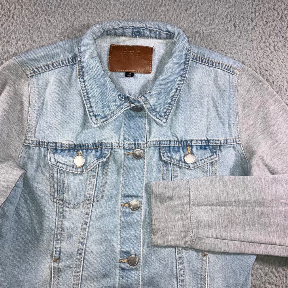 Mixed Media Denim Jacket Womens S Blue Grey Streetwear Jersey Sleeve Layered
